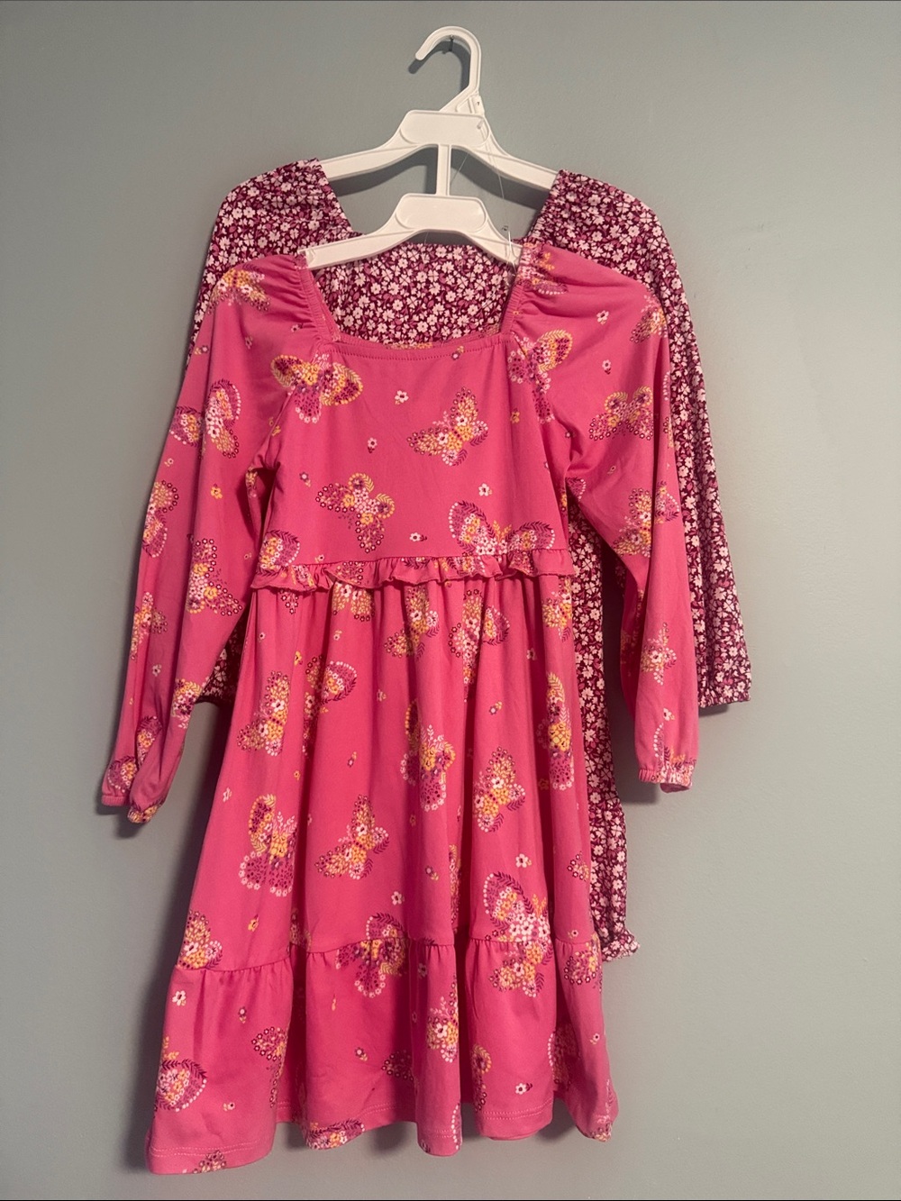 Set of 2 Pink Butterfly/ Floral Print Long Sleeve Dress